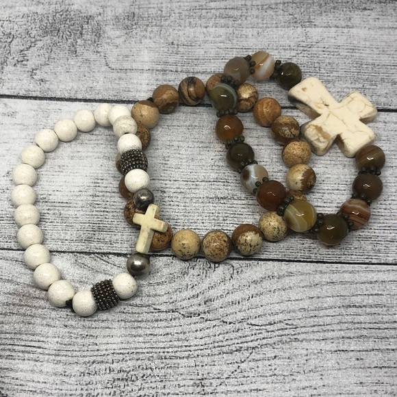 Curated bundle lot 3 roll on/stretch stone bracelets religious cross - Picture 2 of 5